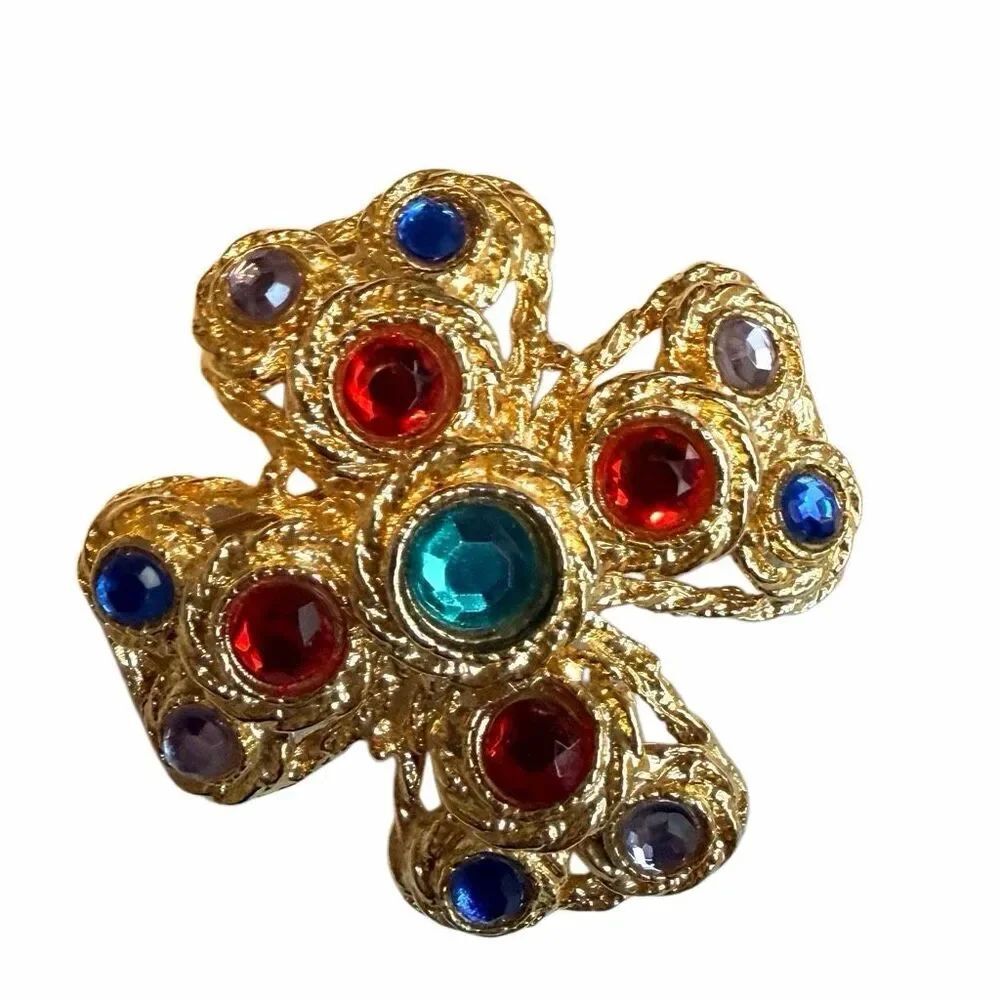 Vintage Gold Tone Multicolor Glass Cross Brooch